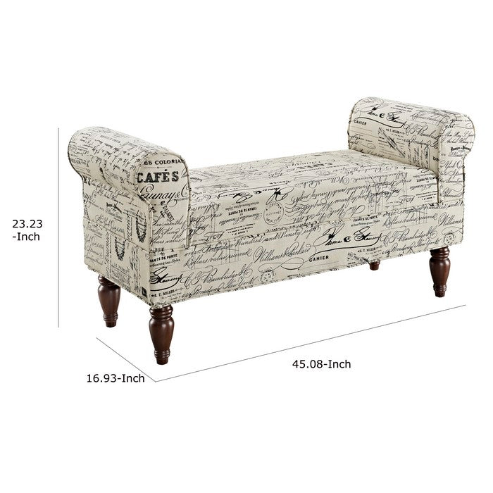 Fabric Upholstered Wooden Bench with Padded Rolled Sides, White and Black