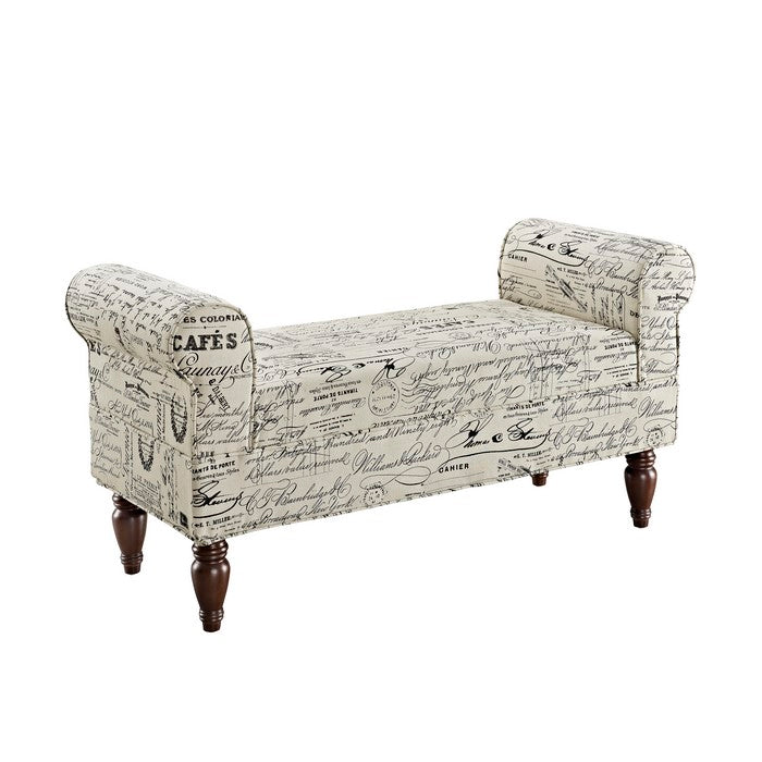 Fabric Upholstered Wooden Bench with Padded Rolled Sides, White and Black