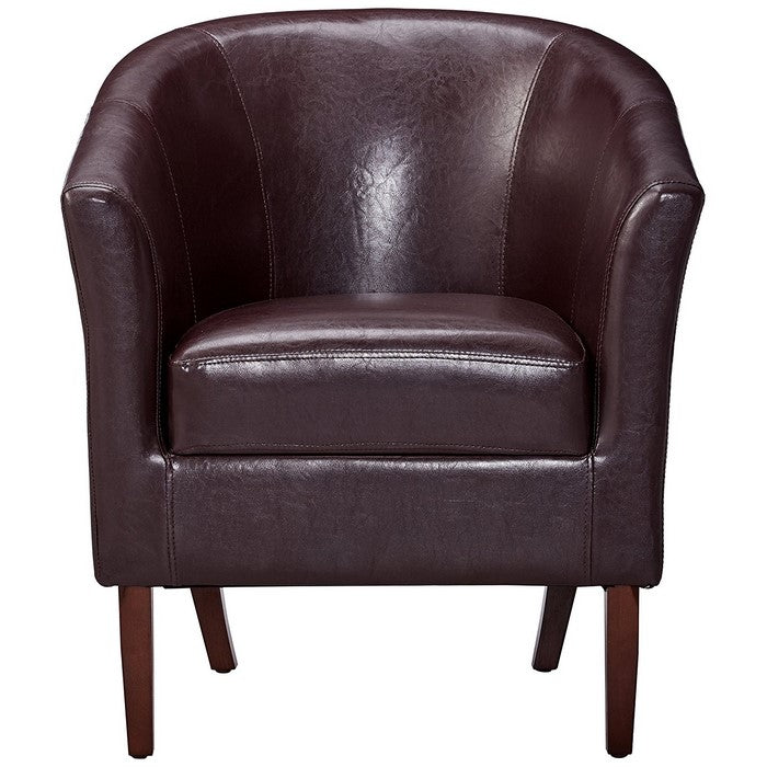 Wooden Club Chair with Faux Leather Upholstery, Purple and Brown
