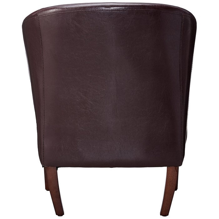 Wooden Club Chair with Faux Leather Upholstery, Purple and Brown
