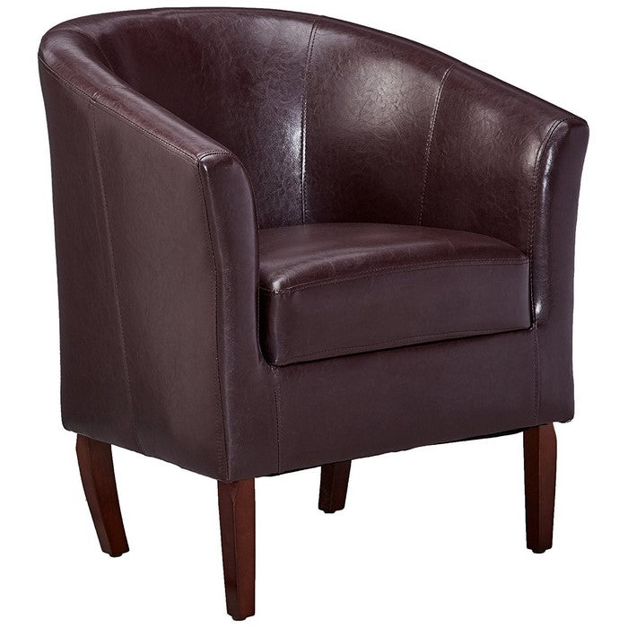 Wooden Club Chair with Faux Leather Upholstery, Purple and Brown