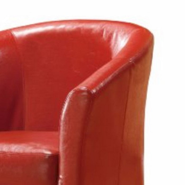 Wooden Club Chair with Faux Leather Upholstery, Red and Brown