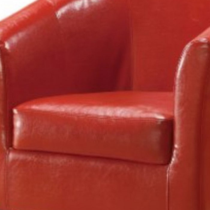 Wooden Club Chair with Faux Leather Upholstery, Red and Brown