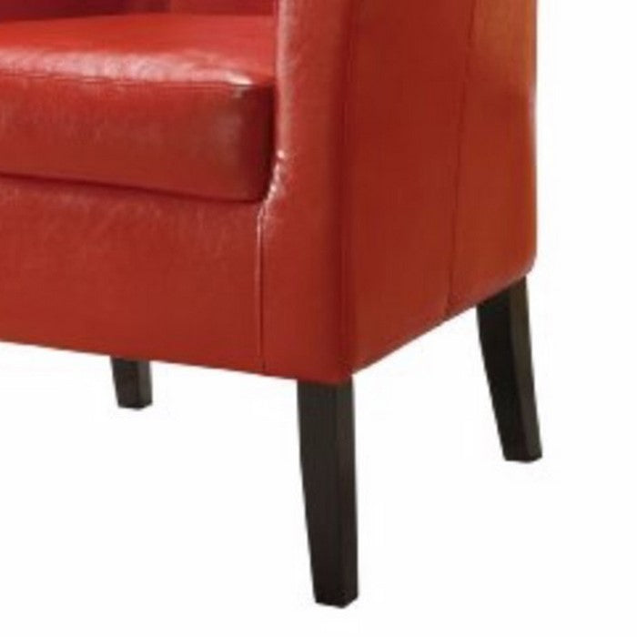 Wooden Club Chair with Faux Leather Upholstery, Red and Brown