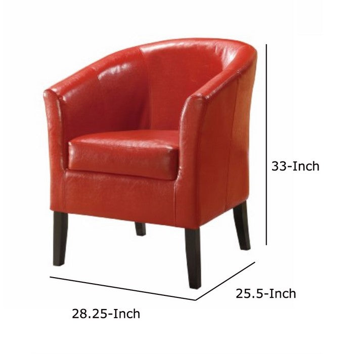 Wooden Club Chair with Faux Leather Upholstery, Red and Brown