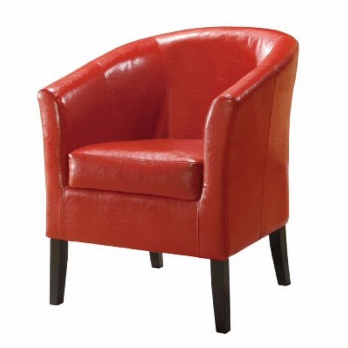 Wooden Club Chair with Faux Leather Upholstery, Red and Brown
