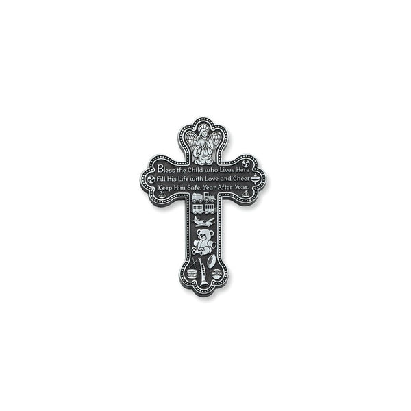 4" Pewter Baptism Bless The Child Guardian Angel Cross Crib Medal for Boy