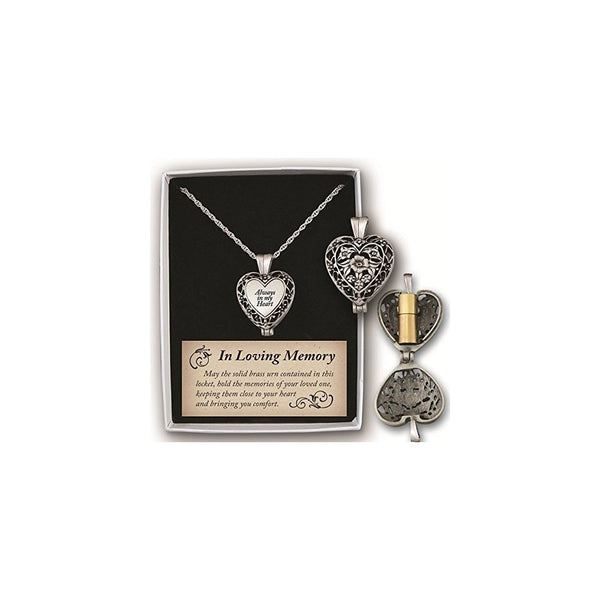 Cathedral Art Always in My Heart Memorial Urn Locket-Filigree Pewter Tone