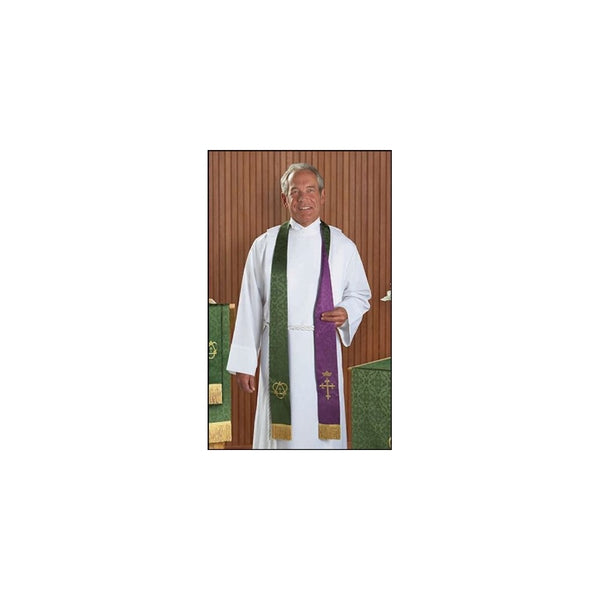 Purple and Green Embroidered Holy Trinity Cross with Crown Reversible Clergy Jacquard Stole