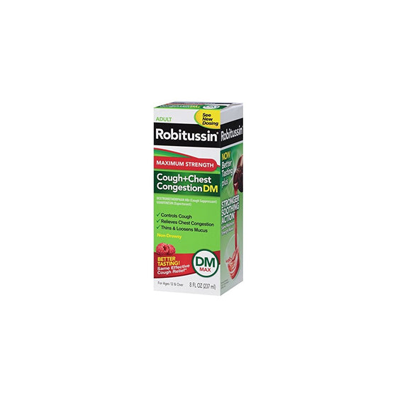 Robitussin Adult Maximum Strength Cough Chest Congestion DM Max (8 fl. oz. Bottle), Non-Drowsy Cough Suppressant & Expectorant, Raspberry Flavor