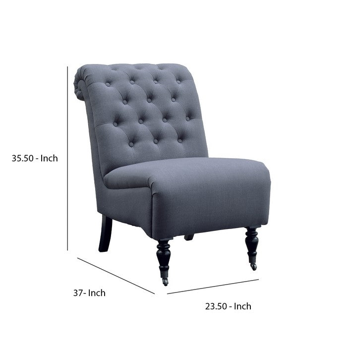 Fabric Upholstered Wooden Armless Chair with Roll Back, Gray and Black