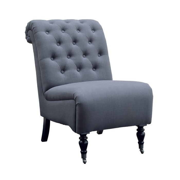Fabric Upholstered Wooden Armless Chair with Roll Back, Gray and Black