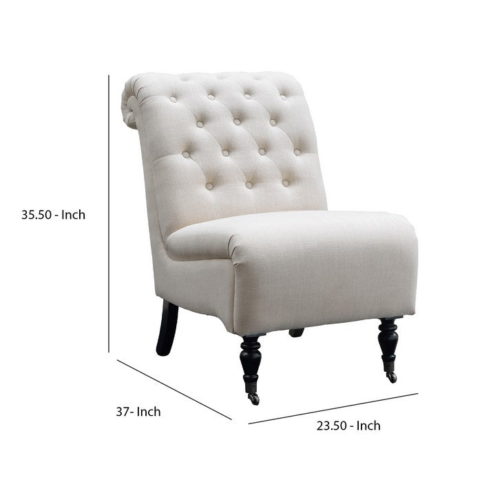 Fabric Upholstered Wooden Armless Chair with Roll Back,White and Brown