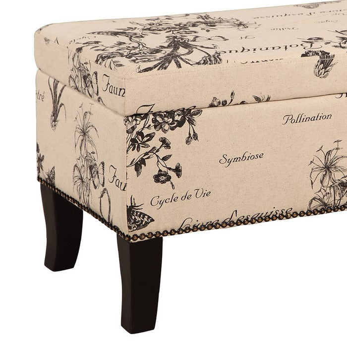Fabric Upholstered Wooden Ottoman with Botanical Print,Beige and Black