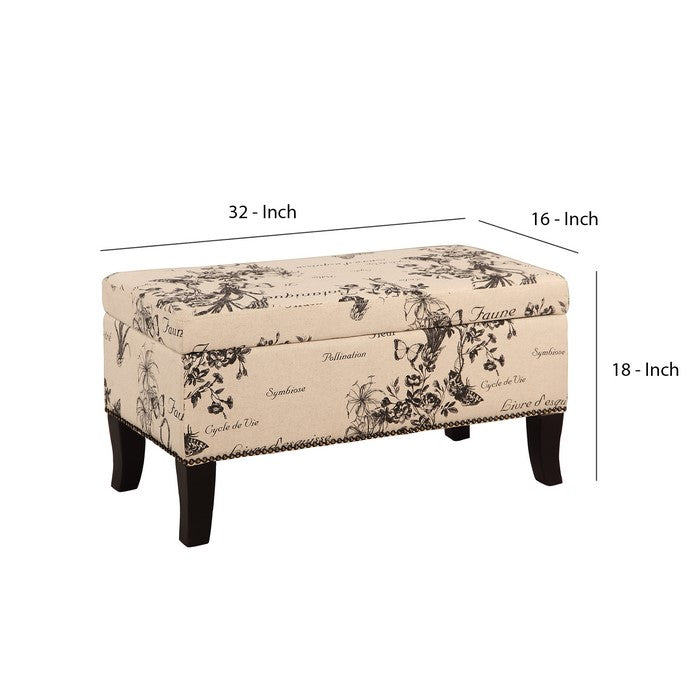 Fabric Upholstered Wooden Ottoman with Botanical Print,Beige and Black