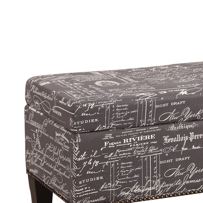 Fabric Upholstered Wooden Ottoman with Script Pattern, Gray and Black