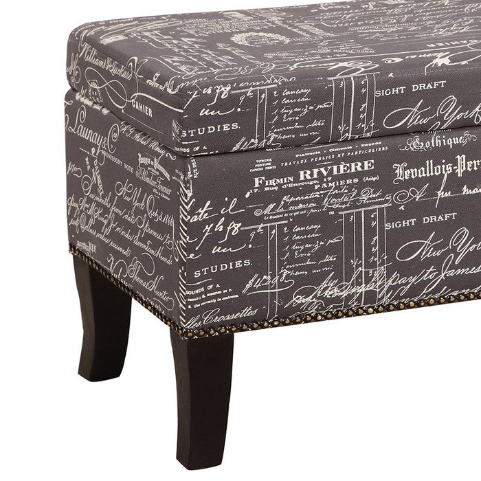 Fabric Upholstered Wooden Ottoman with Script Pattern, Gray and Black