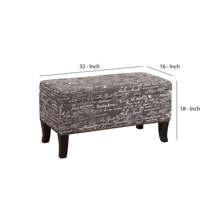 Fabric Upholstered Wooden Ottoman with Script Pattern, Gray and Black