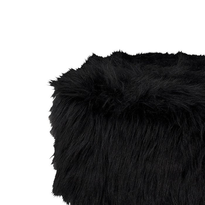 Faux Fur Upholstered Wooden Foot Stool with 3 Leg Support, Black