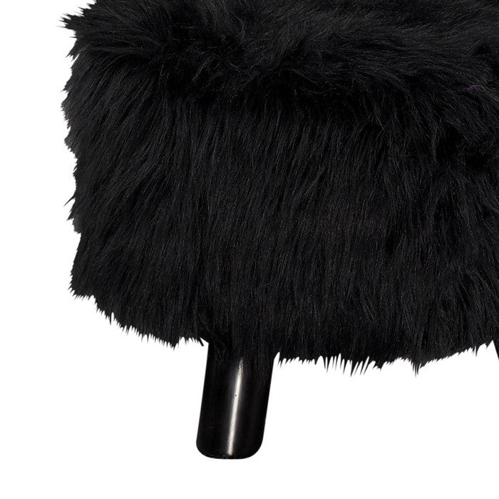 Faux Fur Upholstered Wooden Foot Stool with 3 Leg Support, Black