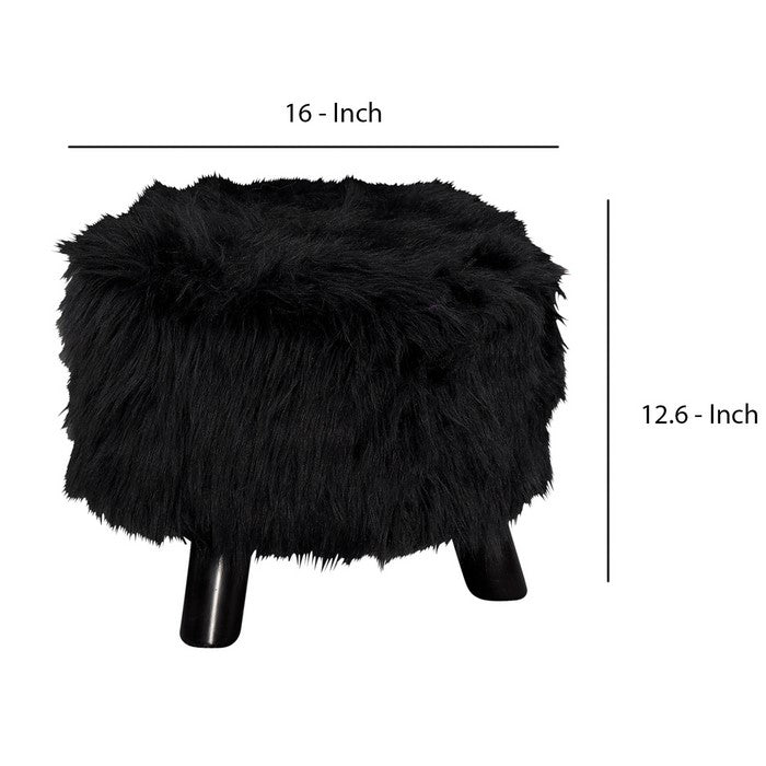 Faux Fur Upholstered Wooden Foot Stool with 3 Leg Support, Black