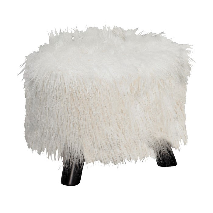 Faux Fur Upholstered Wooden Foot Stool with 3 Leg Support, White