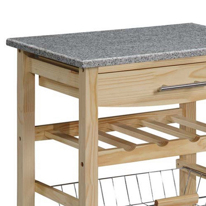 Granite Inlaid Kitchen Island with Spacious Storage, Brown and Gray