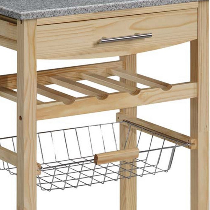 Granite Inlaid Kitchen Island with Spacious Storage, Brown and Gray