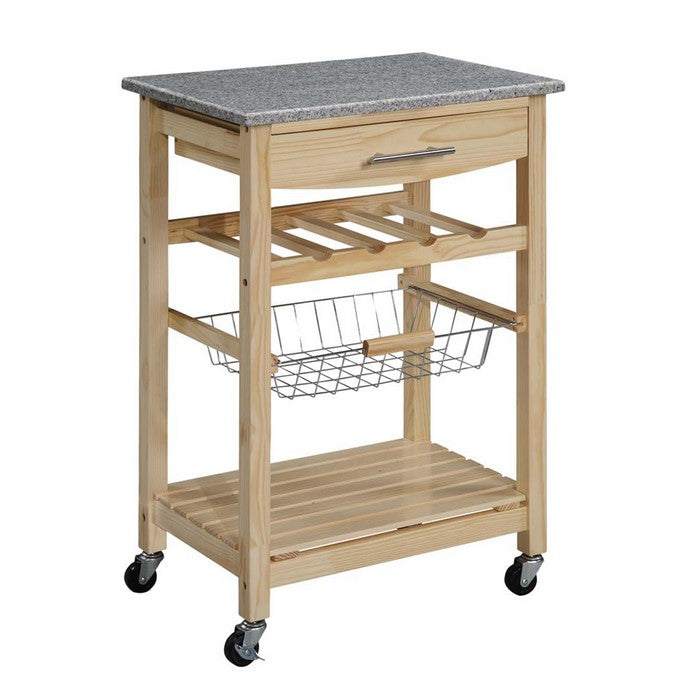 Granite Inlaid Kitchen Island with Spacious Storage, Brown and Gray