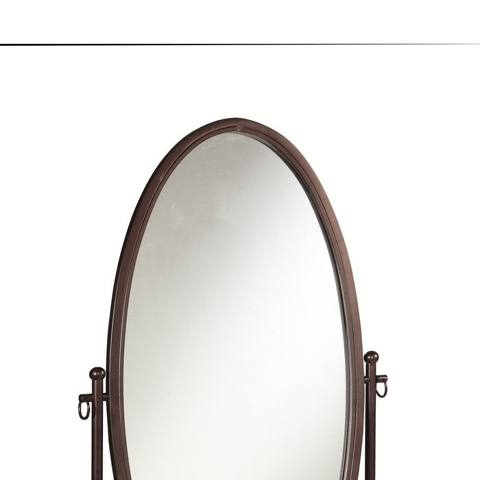 Oval Shaped Metal Cheval Mirror with Scrollwork Base, Brown and Clear