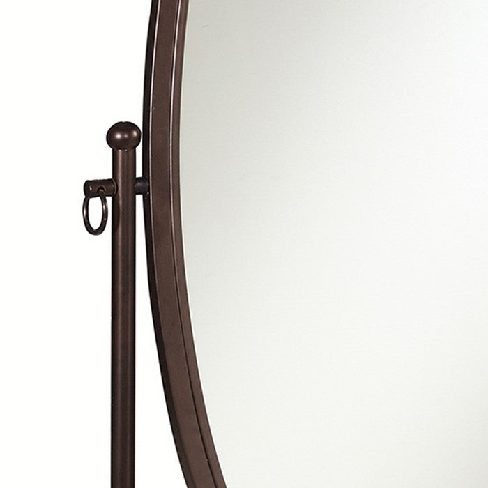 Oval Shaped Metal Cheval Mirror with Scrollwork Base, Brown and Clear