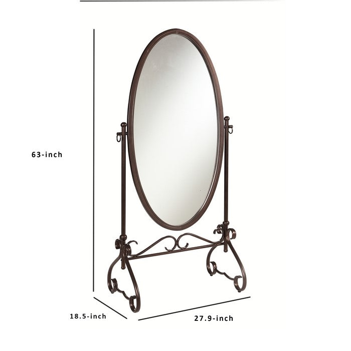 Oval Shaped Metal Cheval Mirror with Scrollwork Base, Brown and Clear