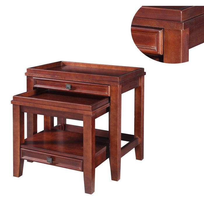 Space Saving Wooden Nesting Tables with Storage Drawers,Set of 2,Brown