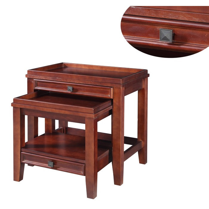 Space Saving Wooden Nesting Tables with Storage Drawers,Set of 2,Brown