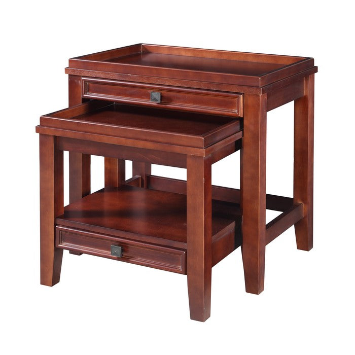 Space Saving Wooden Nesting Tables with Storage Drawers,Set of 2,Brown