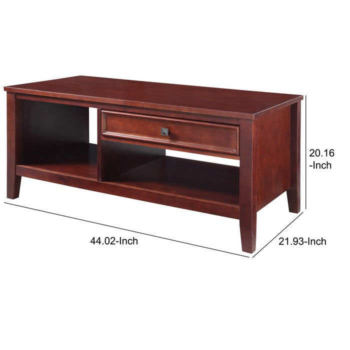 Wooden Coffee Table with Spacious Shelves and Drawer, Brown