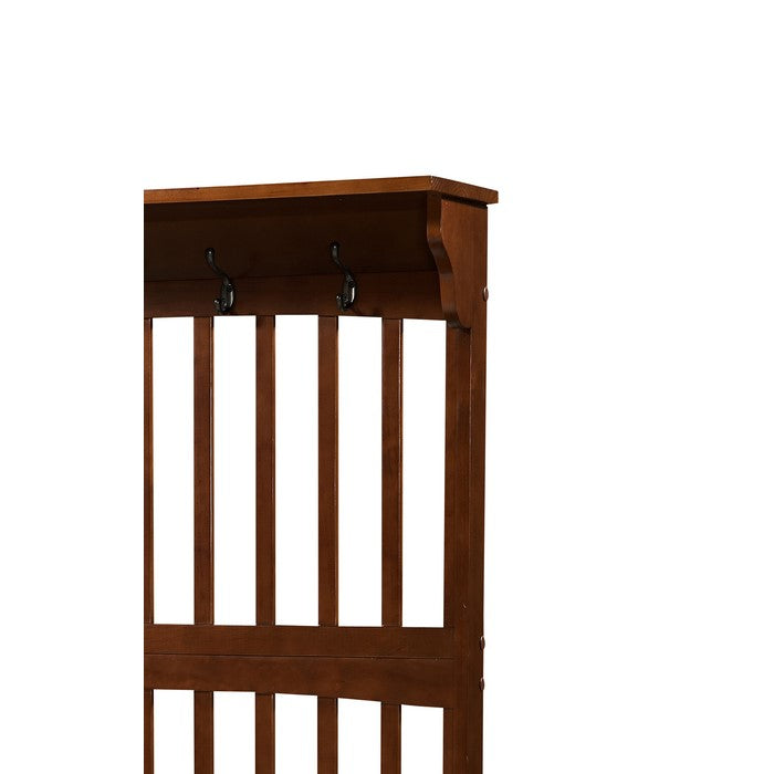 Wooden Hall Tree with Storage Bench and Four Metal Hooks, Brown