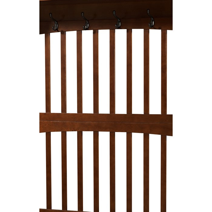 Wooden Hall Tree with Storage Bench and Four Metal Hooks, Brown