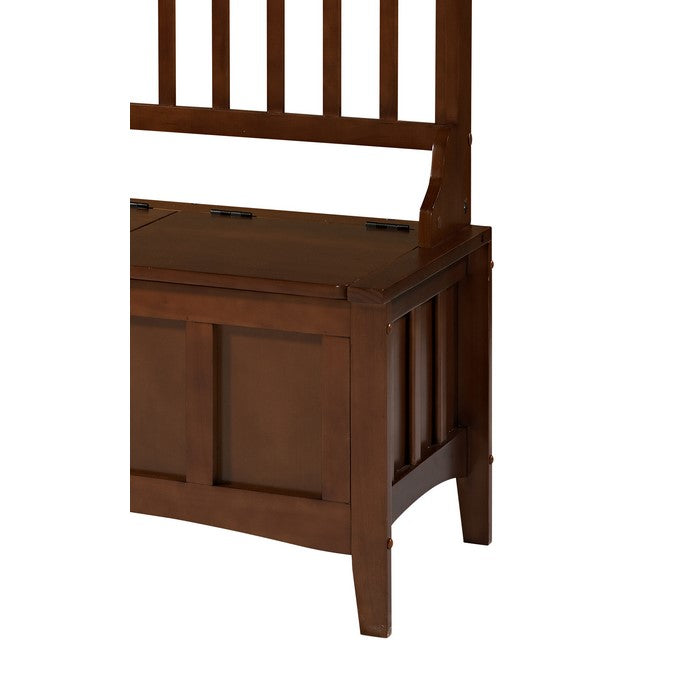 Wooden Hall Tree with Storage Bench and Four Metal Hooks, Brown