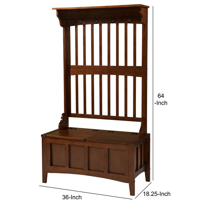 Wooden Hall Tree with Storage Bench and Four Metal Hooks, Brown