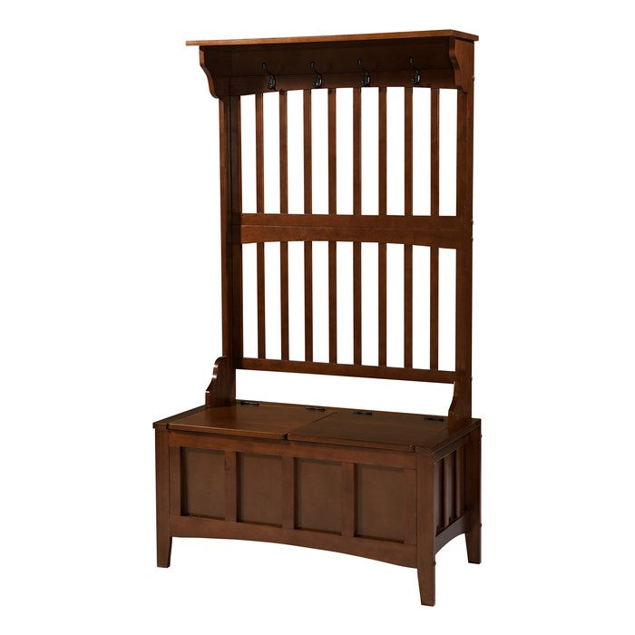 Wooden Hall Tree with Storage Bench and Four Metal Hooks, Brown