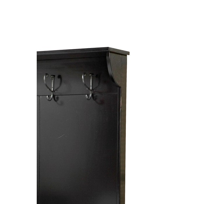 Wooden Hall Tree with Spring Loaded Lid and Four Metal Hooks, Black