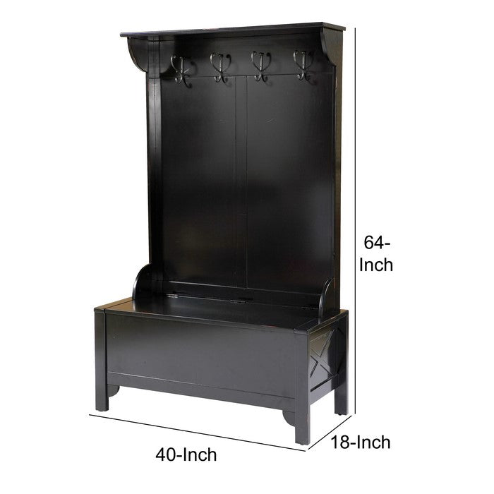 Wooden Hall Tree with Spring Loaded Lid and Four Metal Hooks, Black