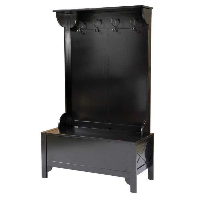 Wooden Hall Tree with Spring Loaded Lid and Four Metal Hooks, Black