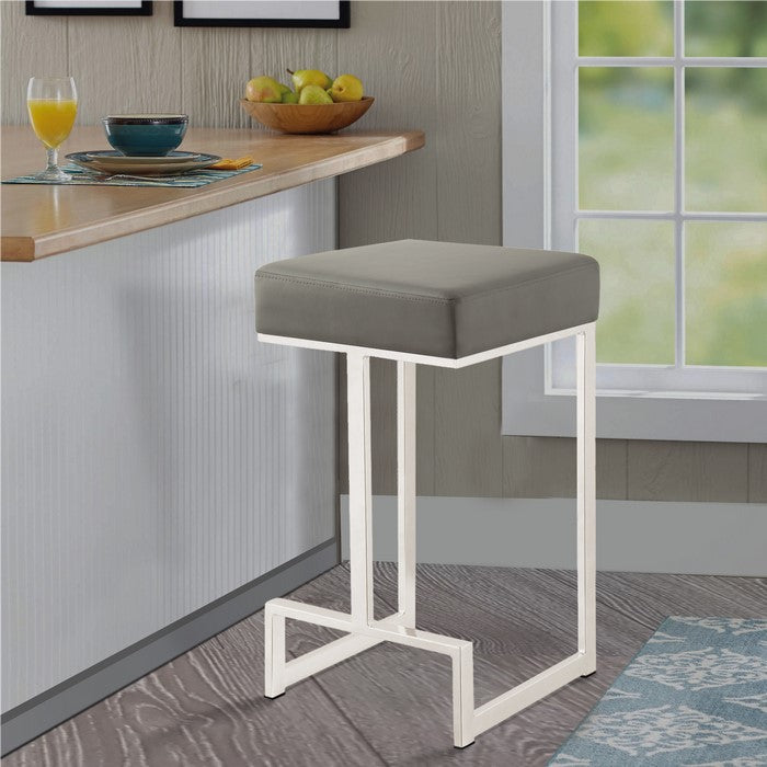 Bar Stool with Upholstered Gray Seat with Chrome Base
