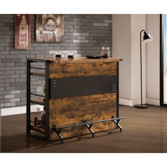 Wooden Bar Unit with Stemware Rack, Wire Brushed Black