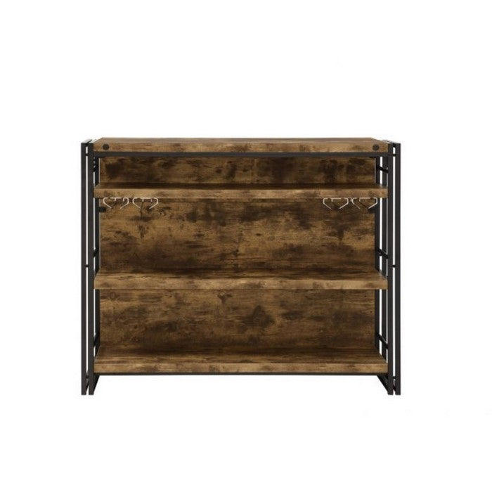 Wooden Bar Unit with Stemware Rack, Wire Brushed Black