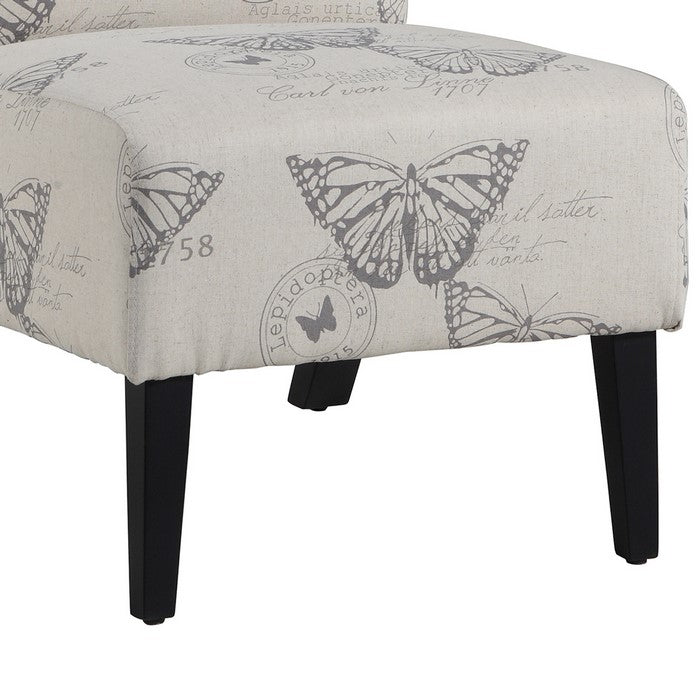 Wooden Slipper Chair with Butterfly Print Upholstery, Black and Gray