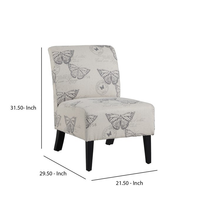 Wooden Slipper Chair with Butterfly Print Upholstery, Black and Gray