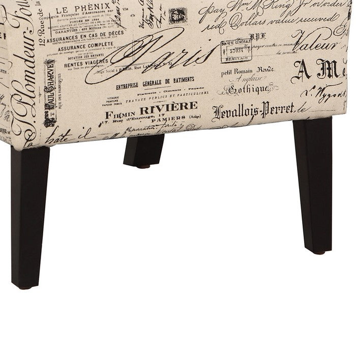 Wooden Slipper Chair with Script Pattern Upholstery, Brown and Cream